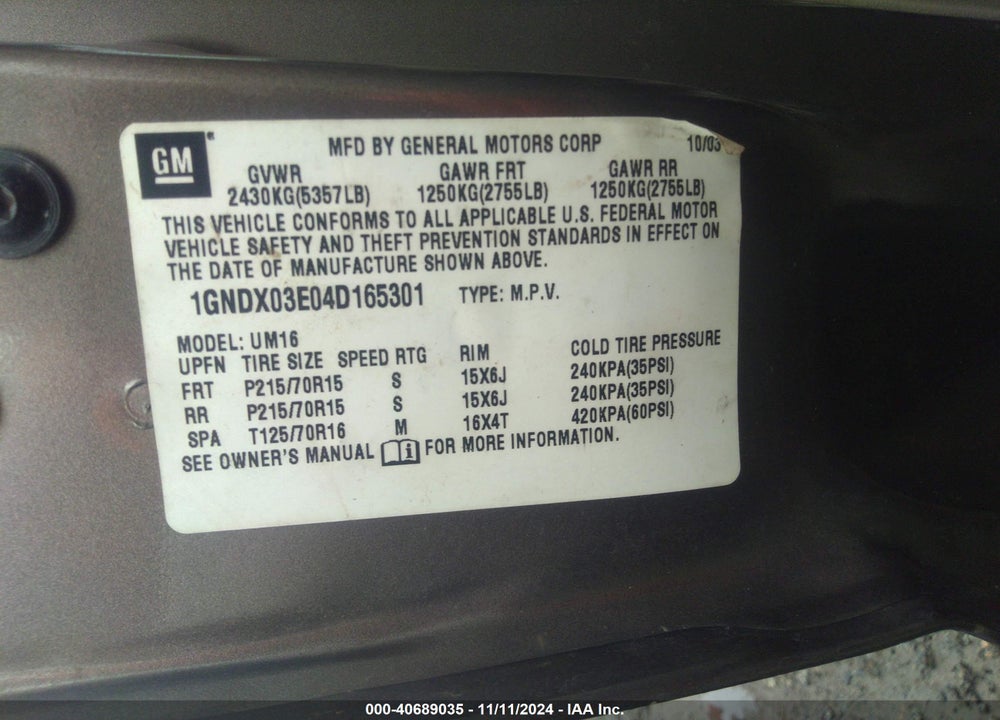 2004 CHEVROLET VENTURE LS VIN: 1GNDX03E04D165301