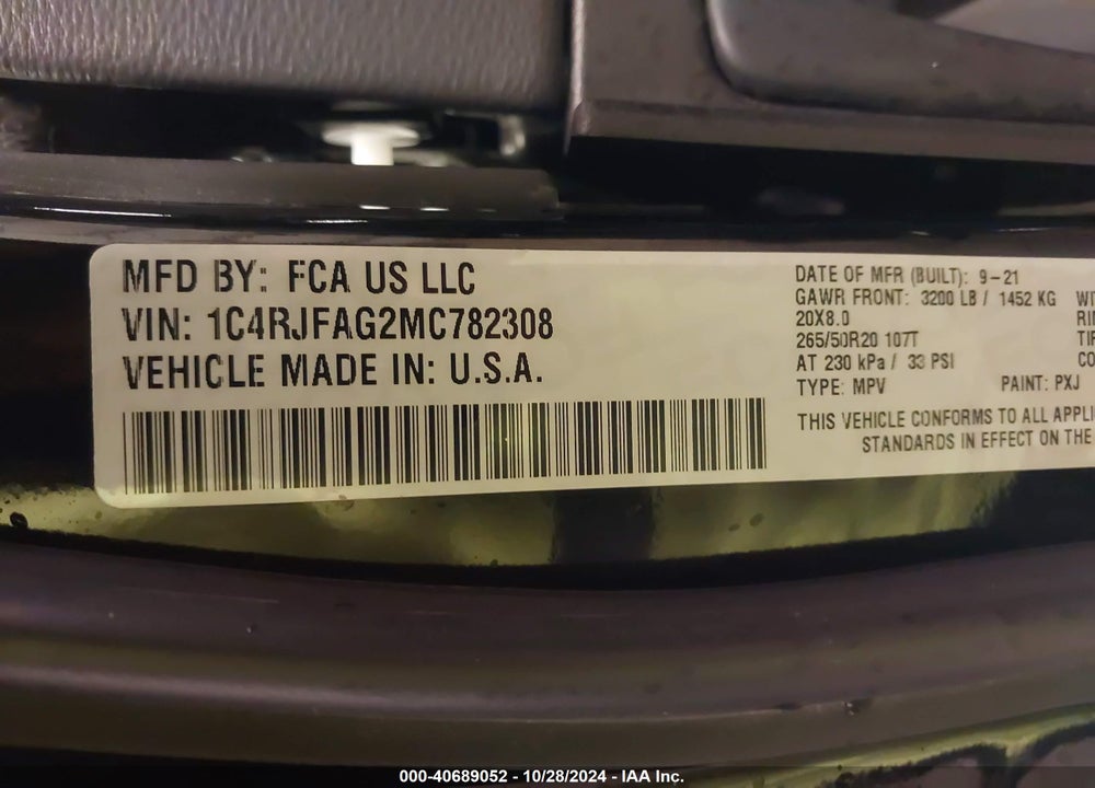 2021 JEEP GRAND CHEROKEE LAREDO X 4X4 VIN: 1C4RJFAG2MC782308