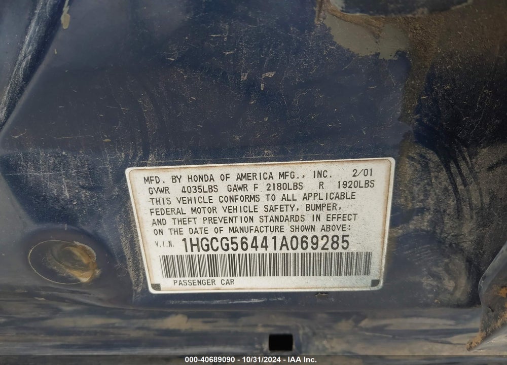 2001 HONDA ACCORD 2.3 LX VIN: 1HGCG56441A069285