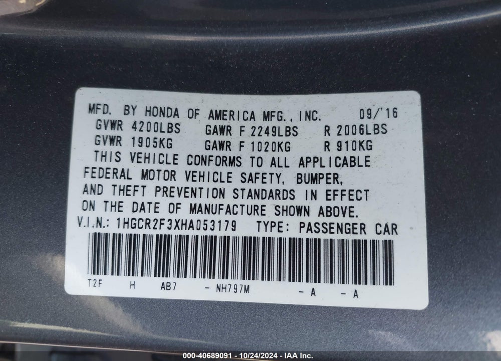 2017 HONDA ACCORD LX VIN: 1HGCR2F3XHA053179
