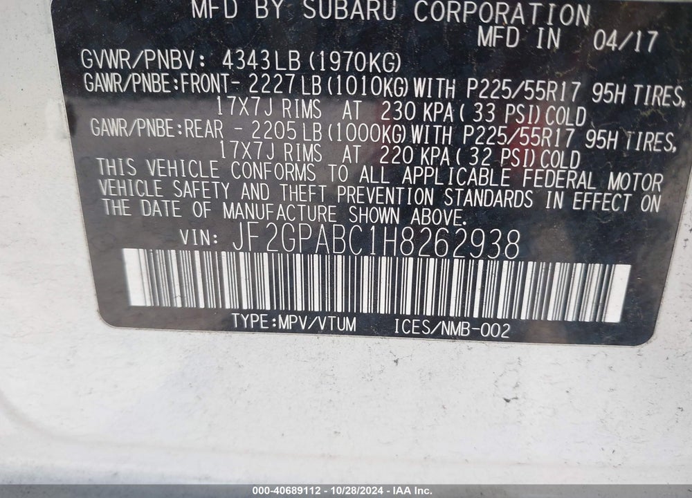 2017 SUBARU CROSSTREK 2.0I PREMIUM VIN: JF2GPABC1H8262938