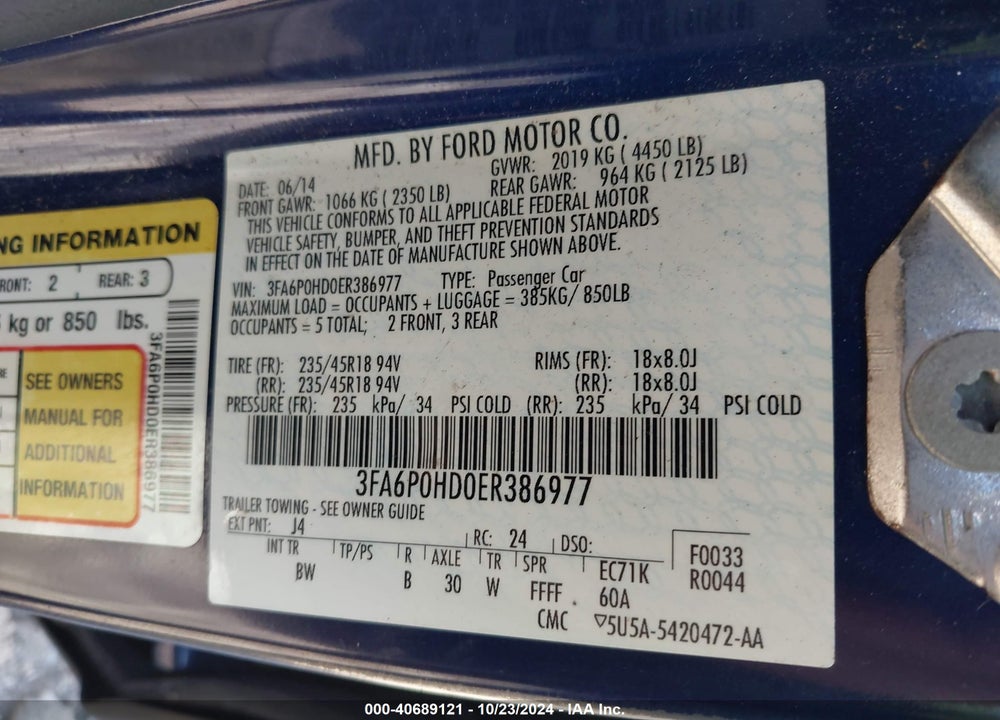 2014 FORD FUSION SE VIN: 3FA6P0HD0ER386977