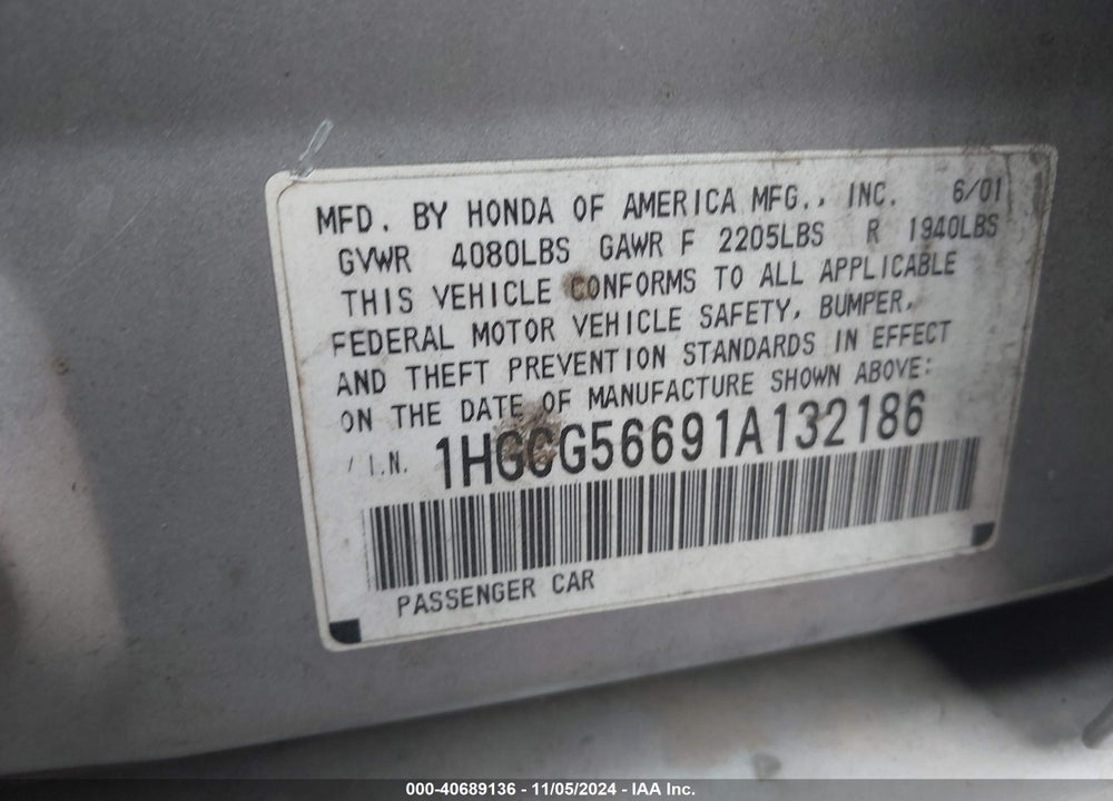 2001 HONDA ACCORD 2.3 EX VIN: 1HGCG56691A132186