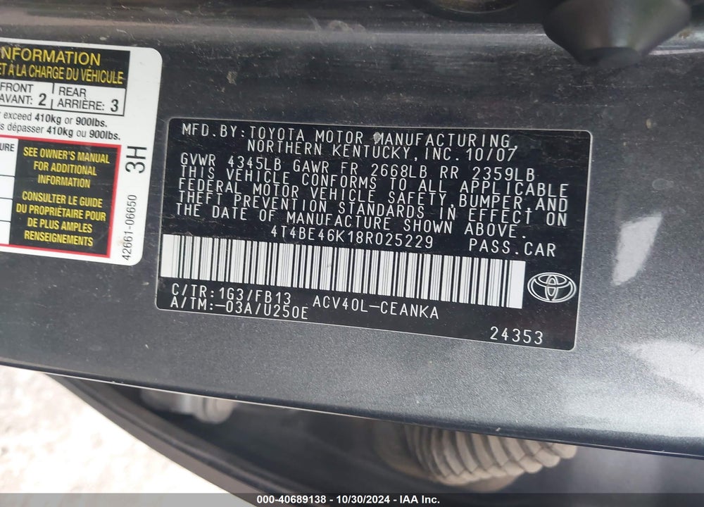 2008 TOYOTA CAMRY LE VIN: 4T4BE46K18R025229