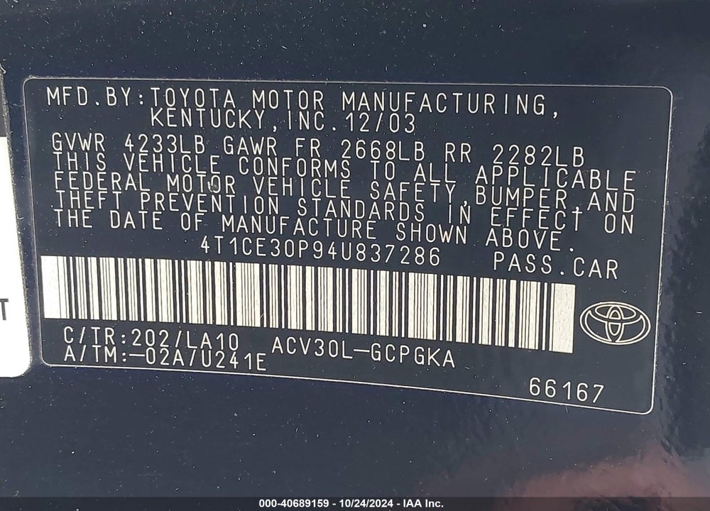 2004 TOYOTA CAMRY SOLARA SE/SLE VIN: 4T1CE30P94U837286