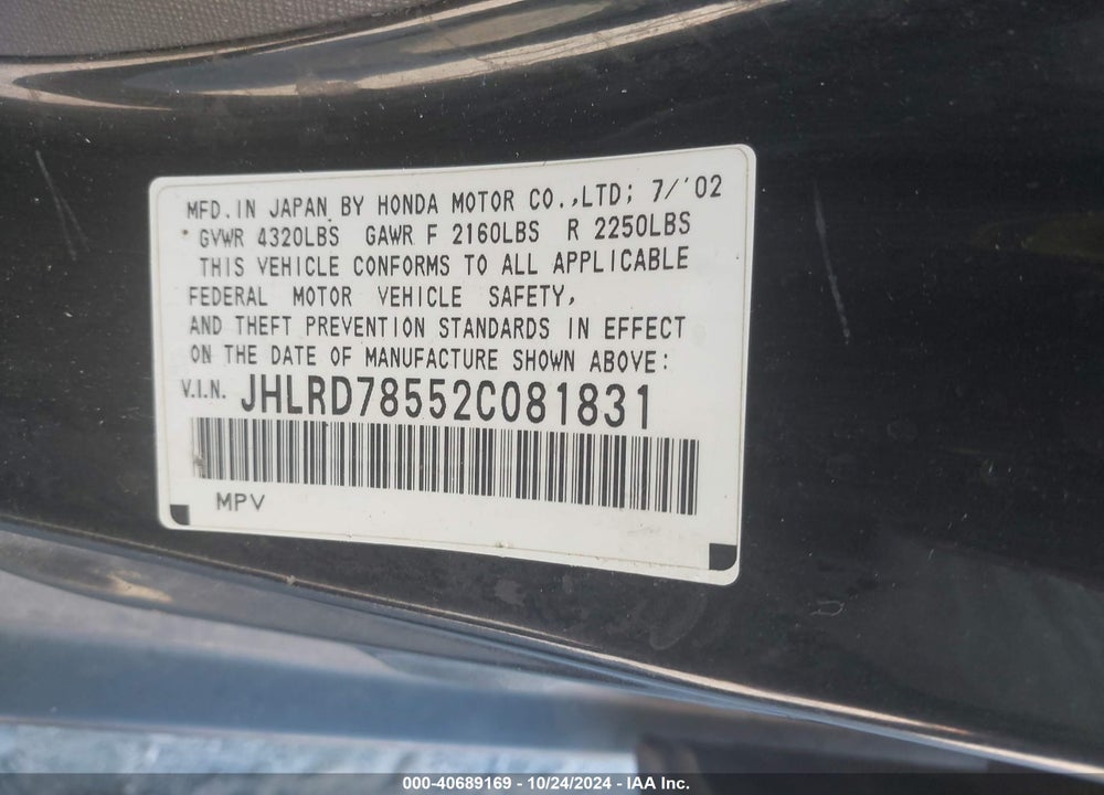 2002 HONDA CR-V LX VIN: JHLRD78552C081831