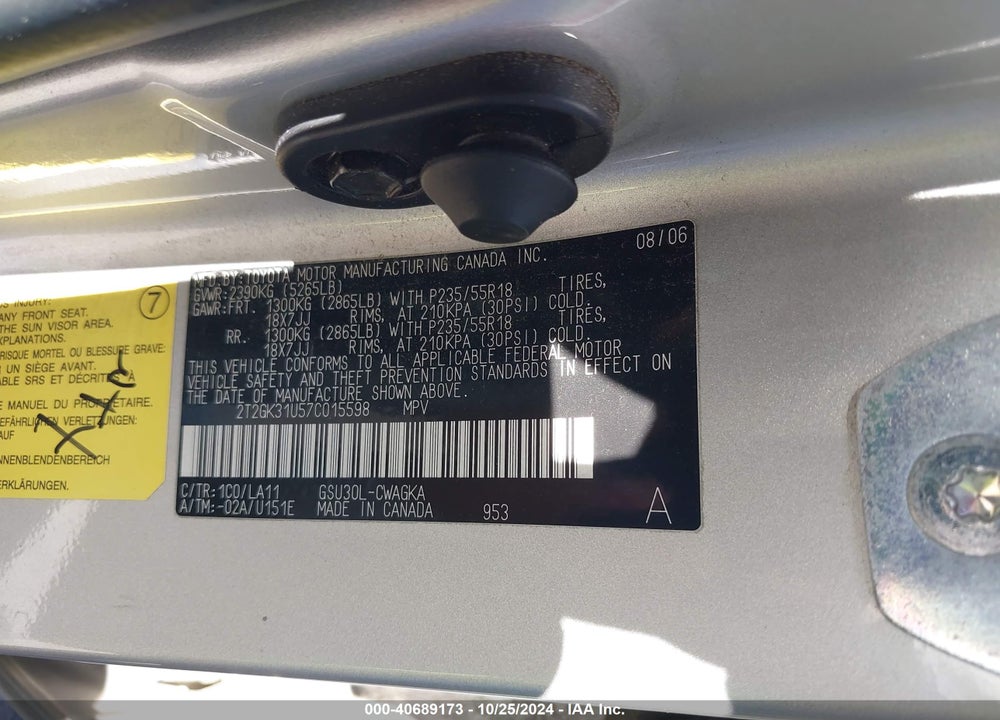 2007 LEXUS RX 350 BASE A5 VIN: 2T2GK31U57C015598