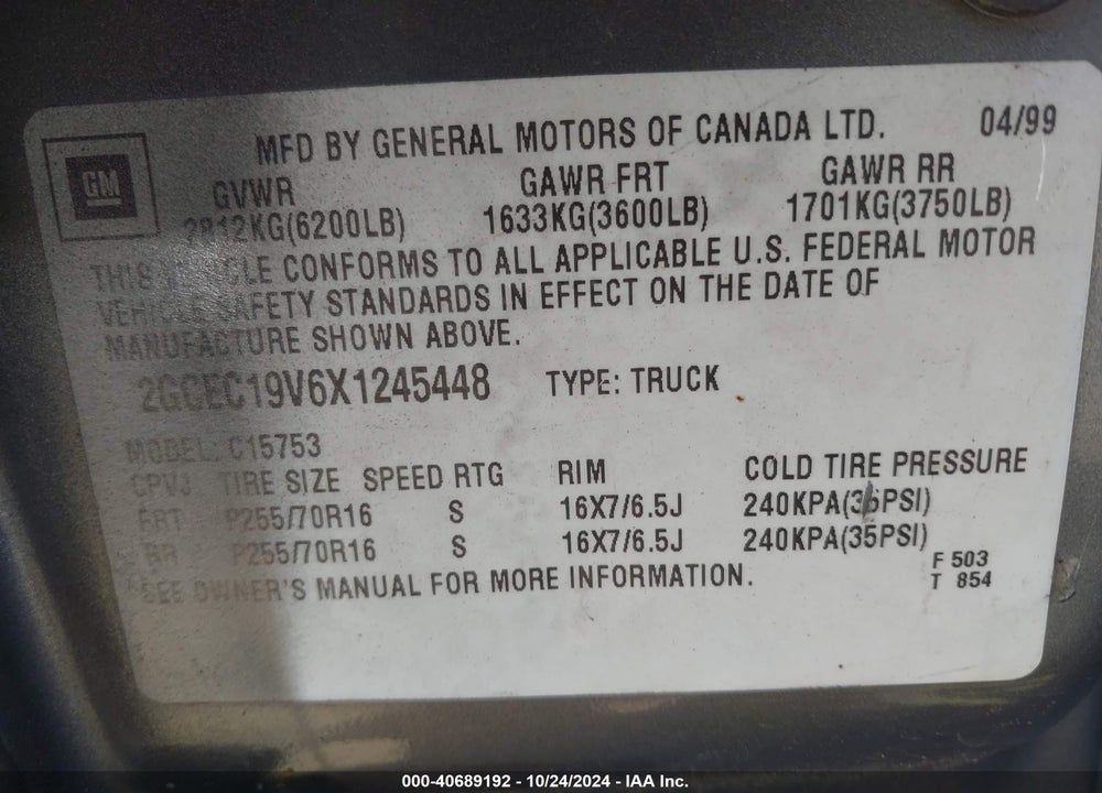 1999 CHEVROLET SILVERADO 1500 LS VIN: 2GCEC19V6X1245448