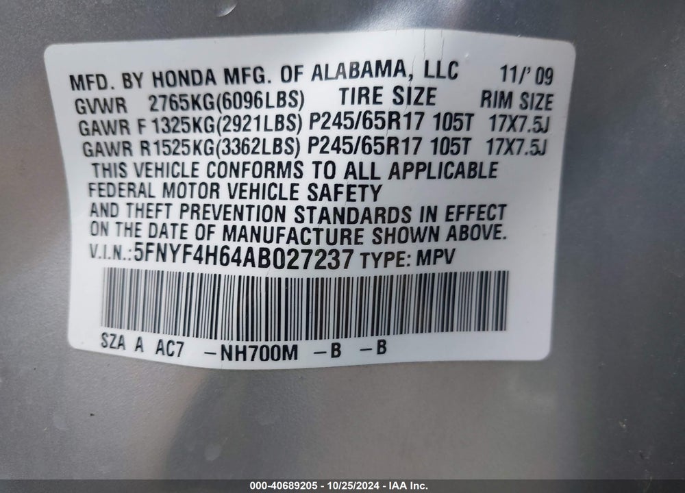 2010 HONDA PILOT EX-L VIN: 5FNYF4H64AB027237