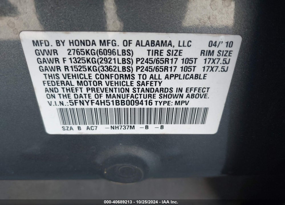 2011 HONDA PILOT EX-L VIN: 5FNYF4H51BB009416