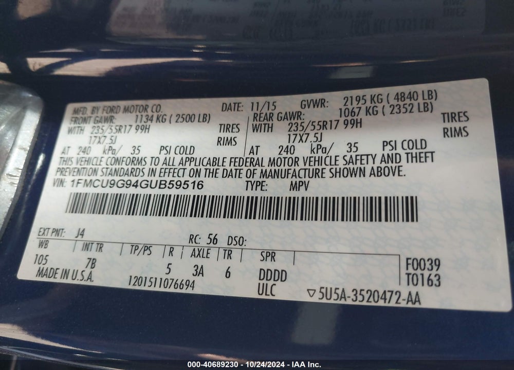 2016 FORD ESCAPE SE VIN: 1FMCU9G94GUB59516