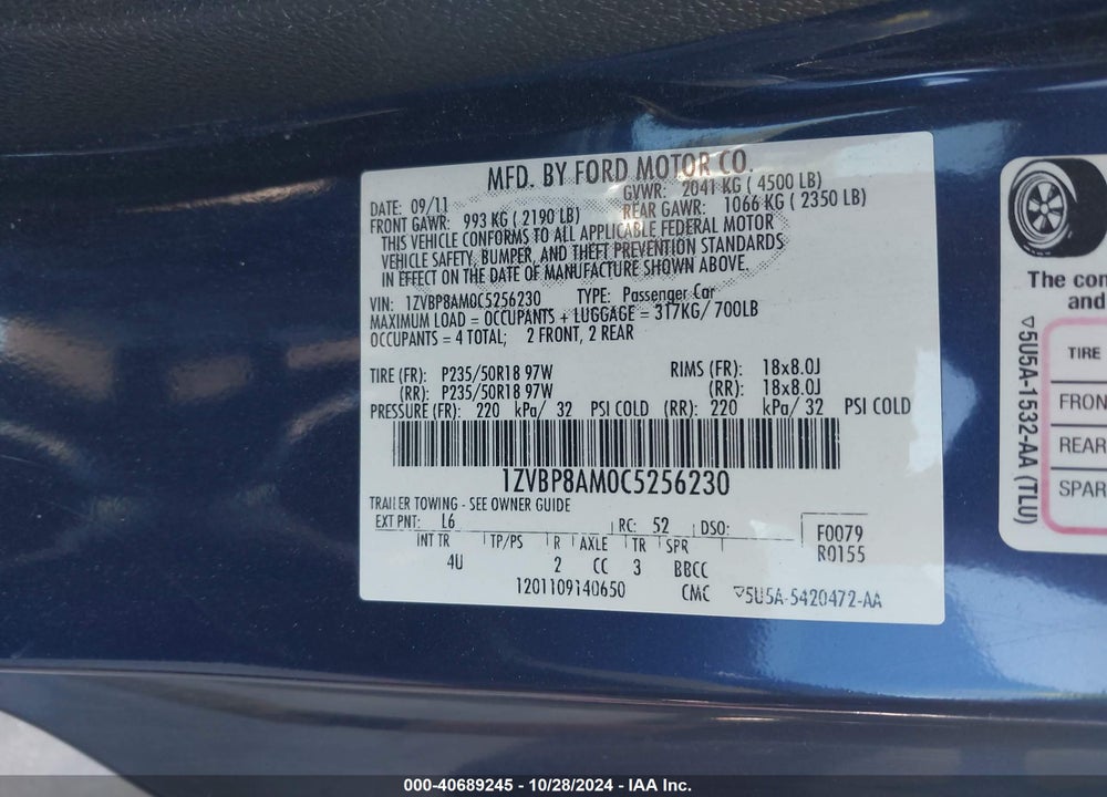 2012 FORD MUSTANG V6 PREMIUM VIN: 1ZVBP8AM0C5256230