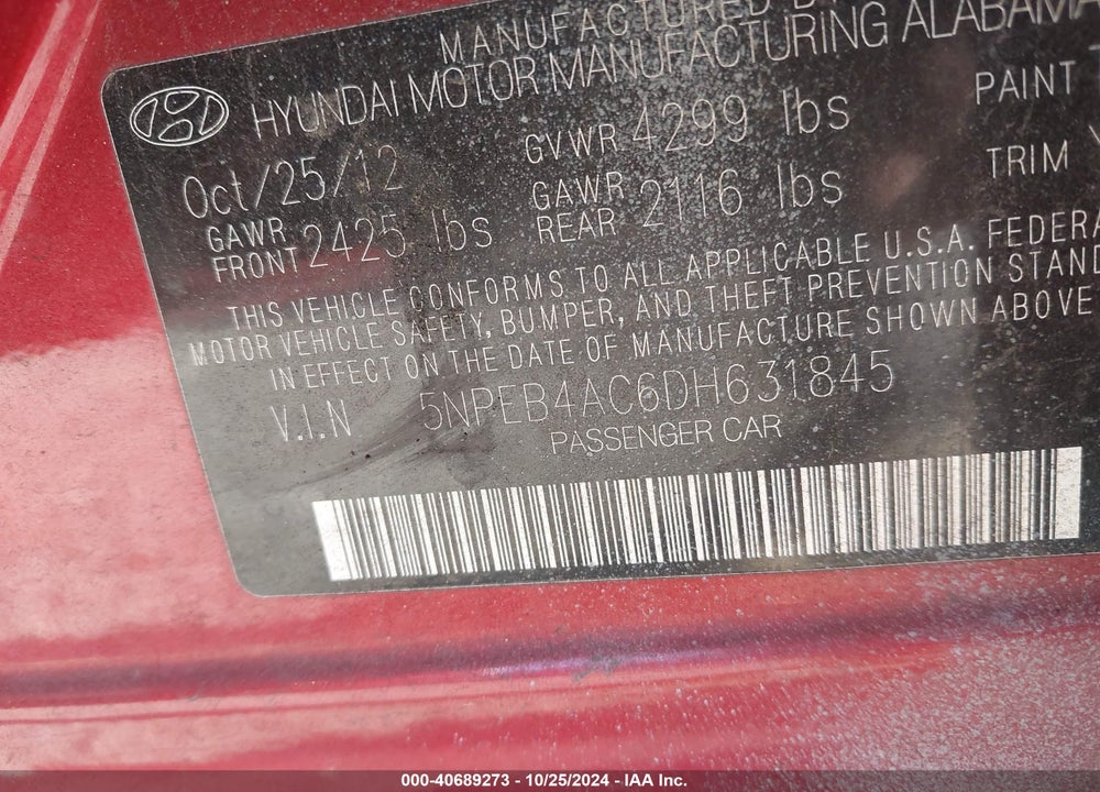 2013 HYUNDAI SONATA GLS VIN: 5NPEB4AC6DH631845