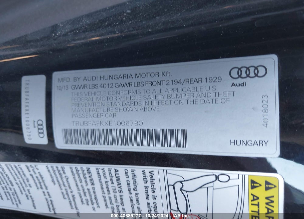 2014 AUDI TT 2.0T VIN: TRUBFAFKXE1006790