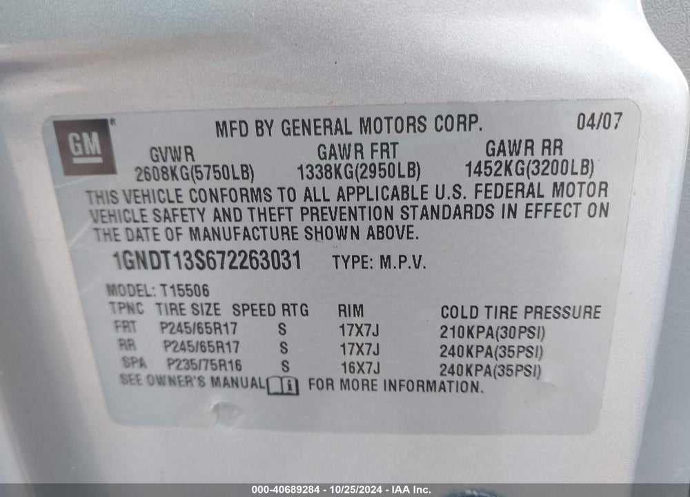 2007 CHEVROLET TRAILBLAZER LS VIN: 1GNDT13S672263031