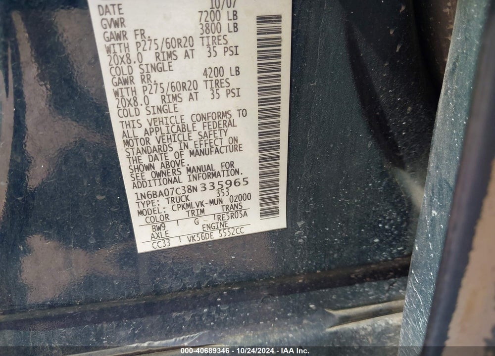 2008 NISSAN TITAN PRO-4X/XE VIN: 1N6BA07C38N335965