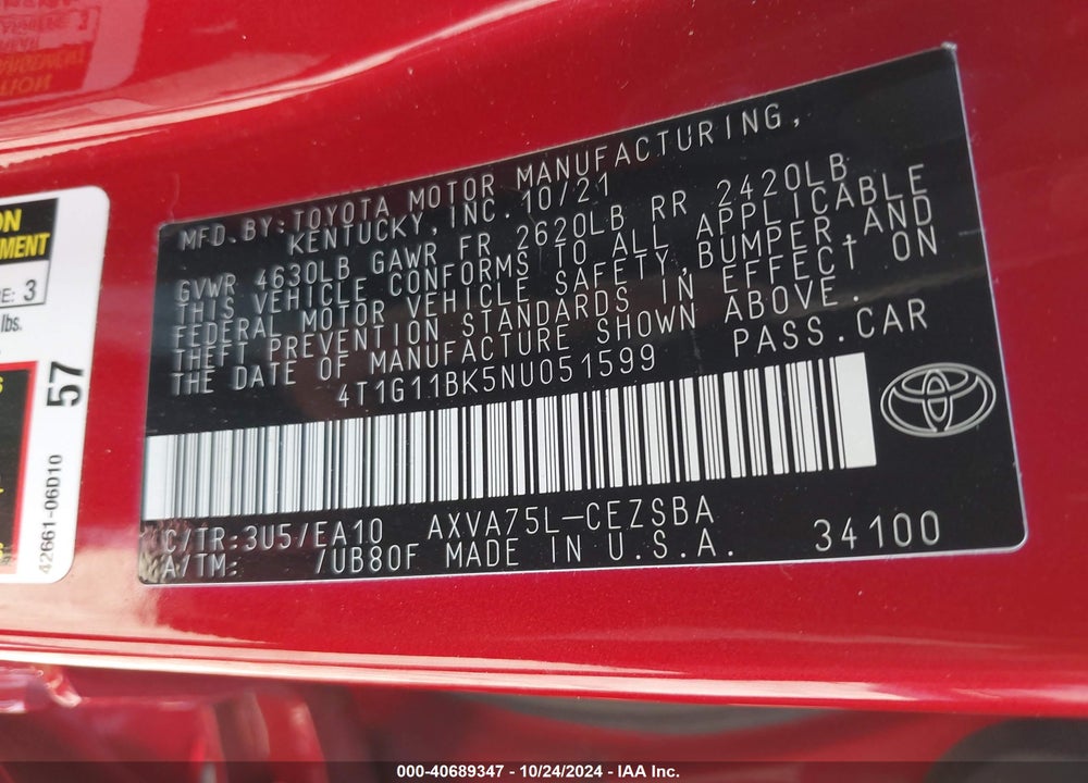 2022 TOYOTA CAMRY SE AWD VIN: 4T1G11BK5NU051599