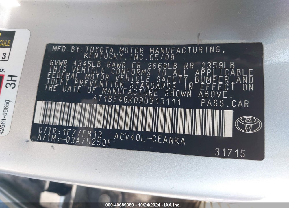 2009 TOYOTA CAMRY LE VIN: 4T1BE46K09U313111