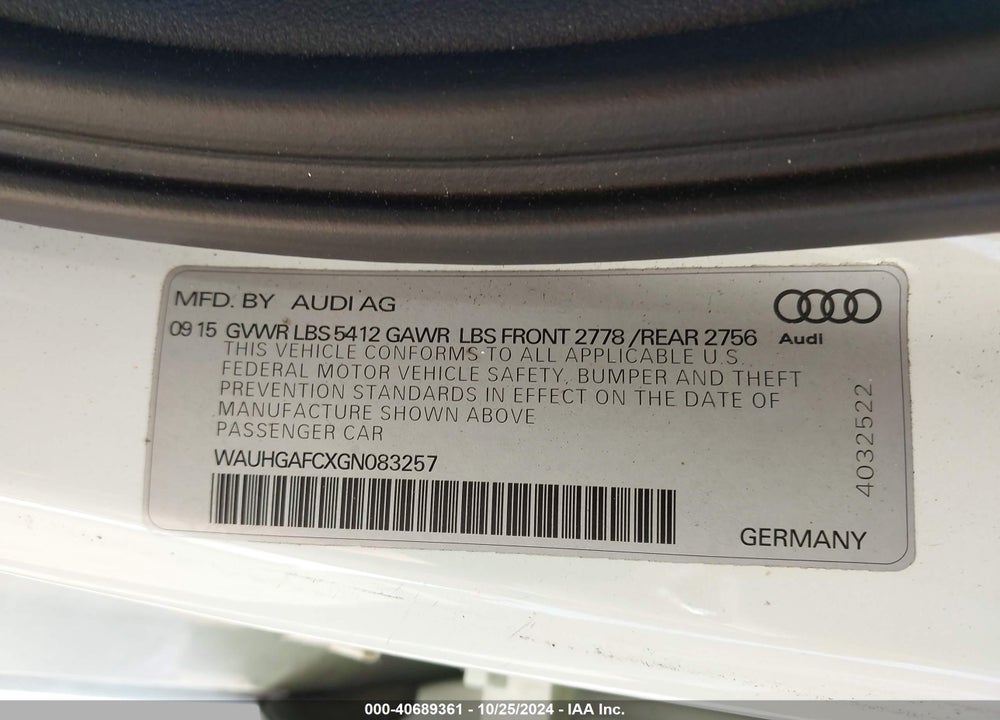 2016 AUDI A6 3.0T PREMIUM PLUS VIN: WAUHGAFCXGN083257