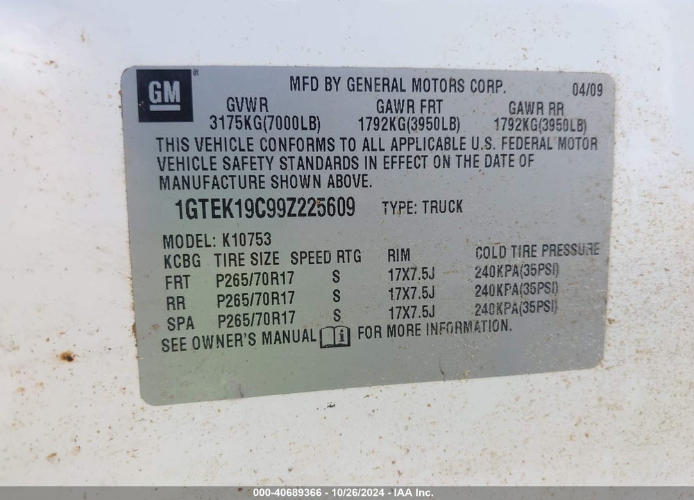 2009 SIERRA GMC  1500 SL VIN: 1GTEK19C99Z225609