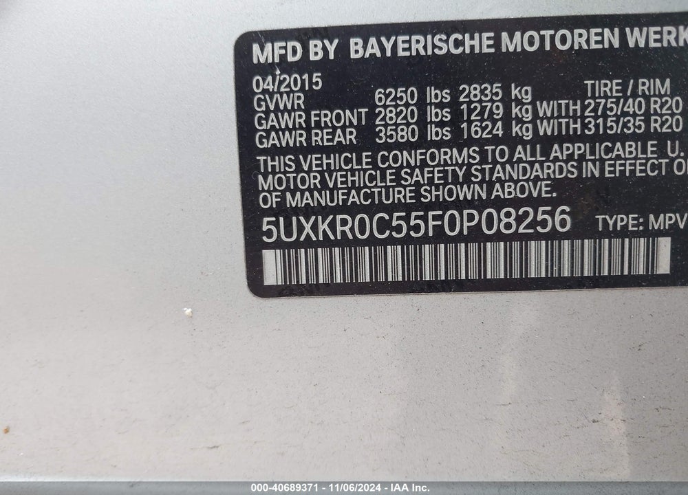 2015 BMW X5 XDRIVE35I VIN: 5UXKR0C55F0P08256