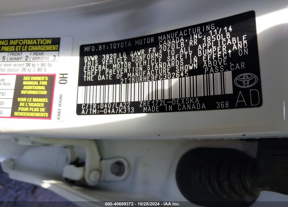 2015 TOYOTA COROLLA S PREMIUM VIN: 2T1BURHE9FC302645
