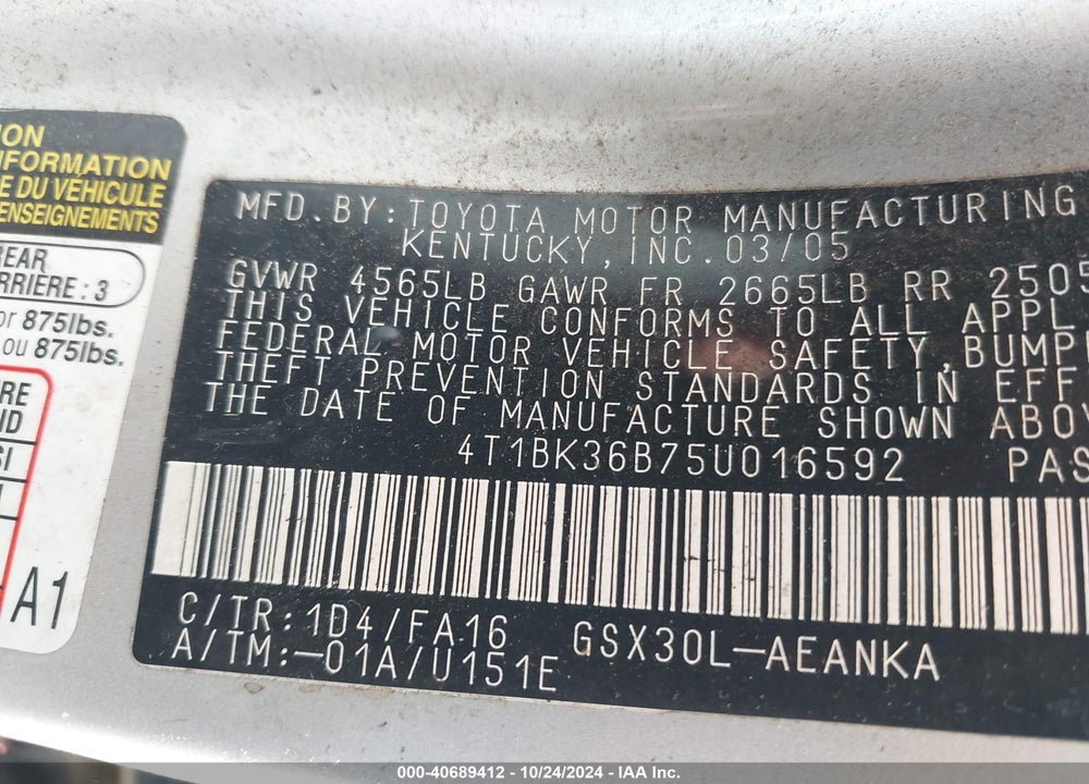 2005 TOYOTA AVALON XL VIN: 4T1BK36B75U016592