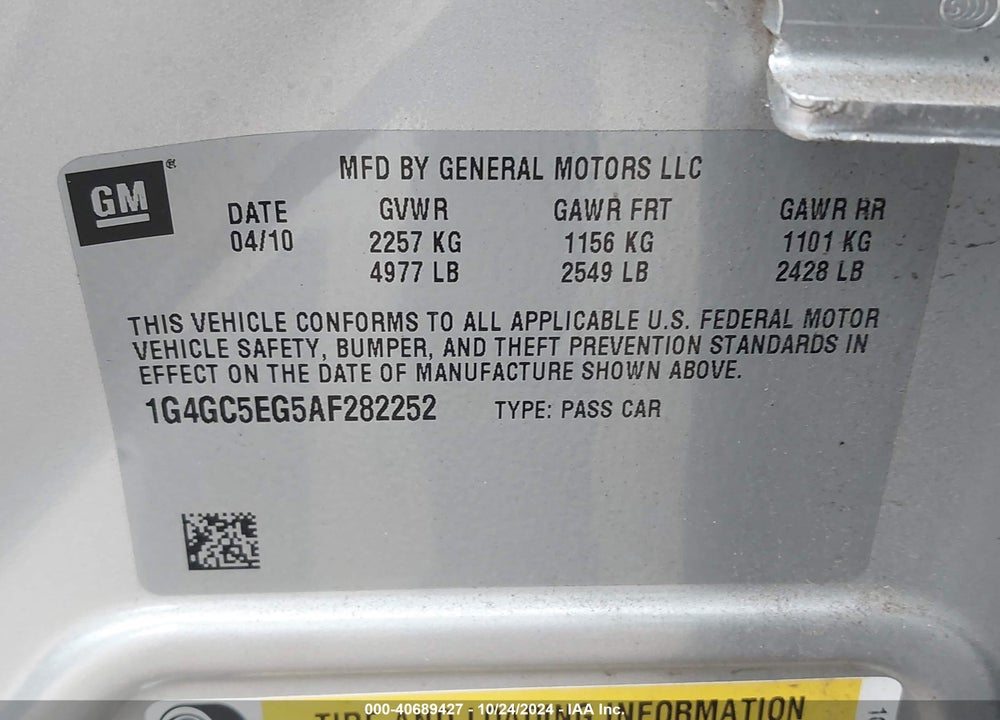 2010 BUICK LACROSSE CXL VIN: 1G4GC5EG5AF282252