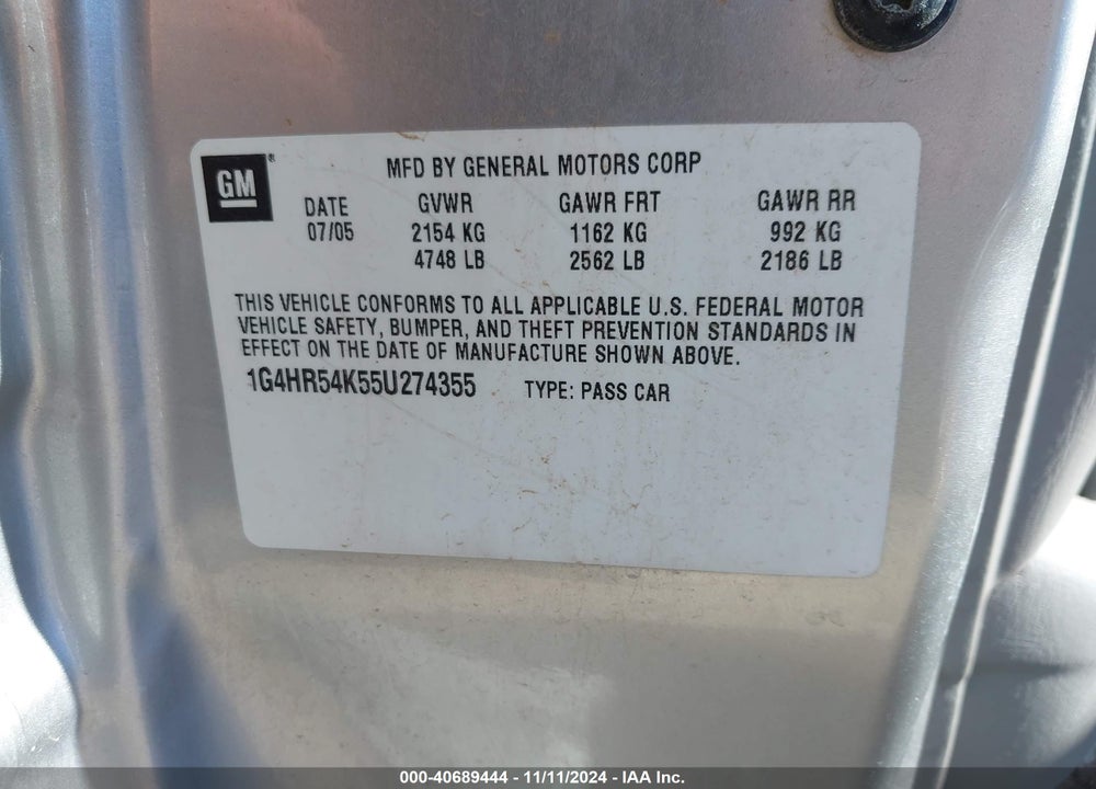 2005 BUICK LESABRE LIMITED VIN: 1G4HR54K55U274355