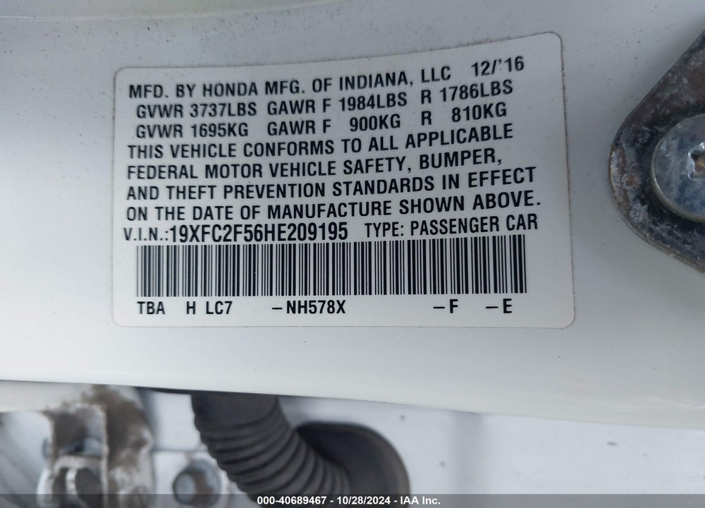 2017 HONDA CIVIC LX VIN: 19XFC2F56HE209195