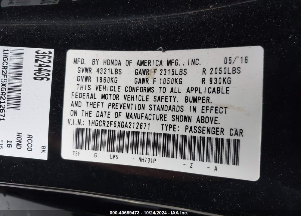 2016 HONDA ACCORD SPORT VIN: 1HGCR2F5XGA212671
