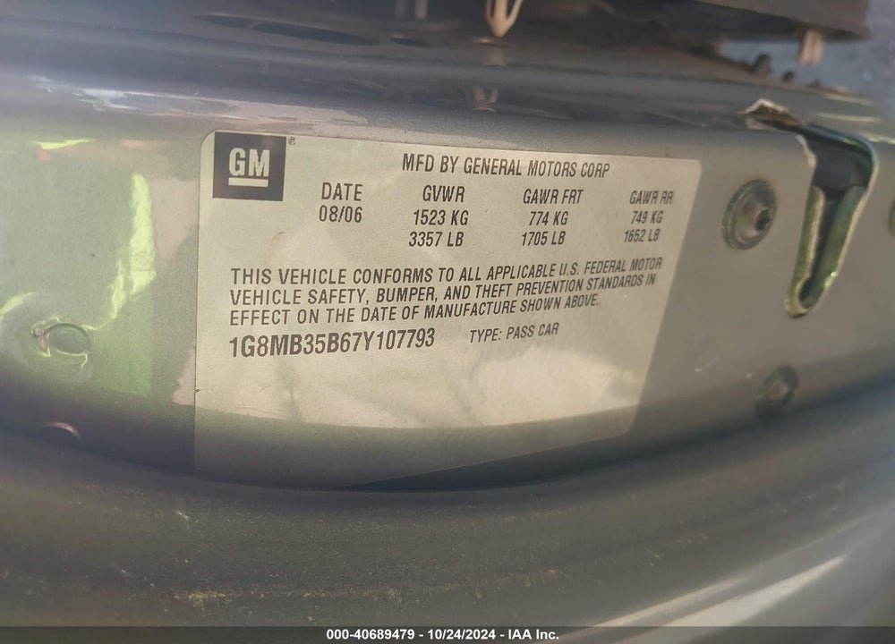 2007 SATURN SKY VIN: 1G8MB35B67Y107793