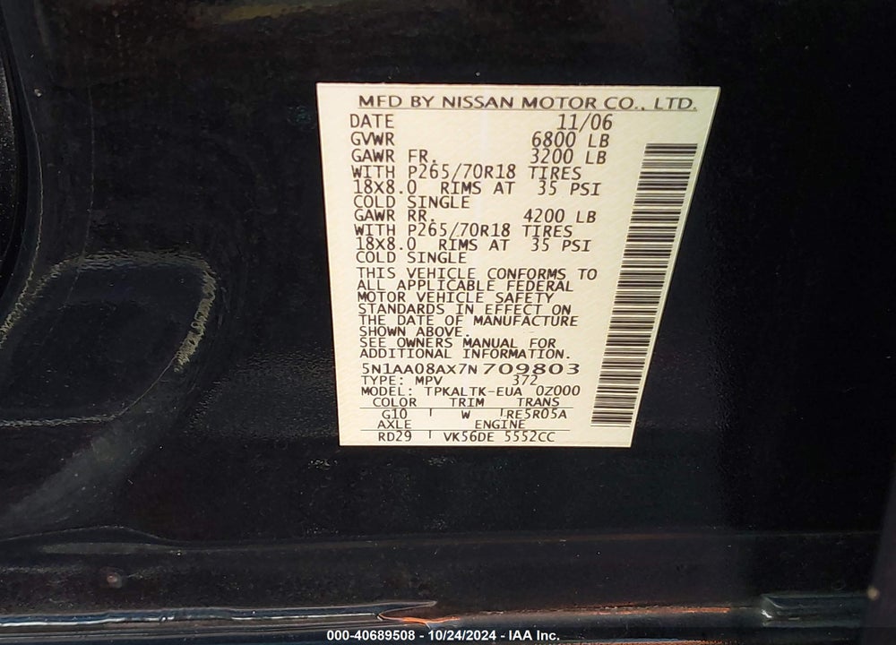 2007 NISSAN ARMADA SE VIN: 5N1AA08AX7N709803