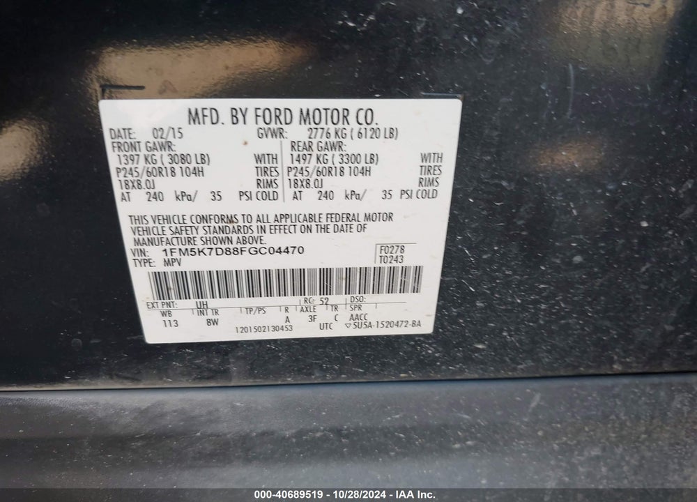 2015 FORD EXPLORER XLT VIN: 1FM5K7D88FGC04470