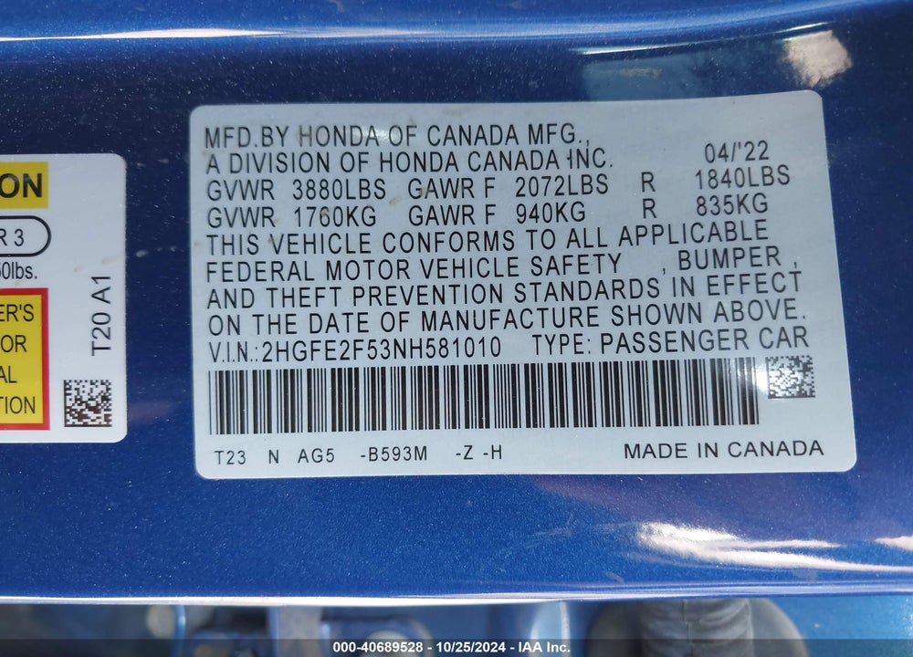 2022 HONDA CIVIC SPORT VIN: 2HGFE2F53NH581010