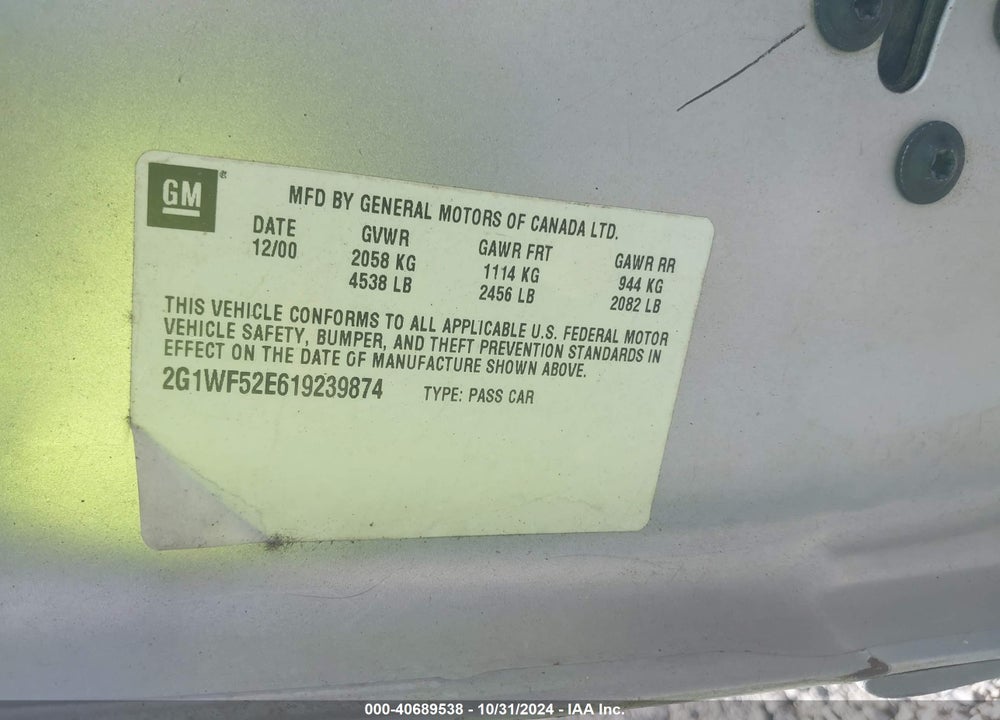 2001 CHEVROLET IMPALA VIN: 2G1WF52E619239874