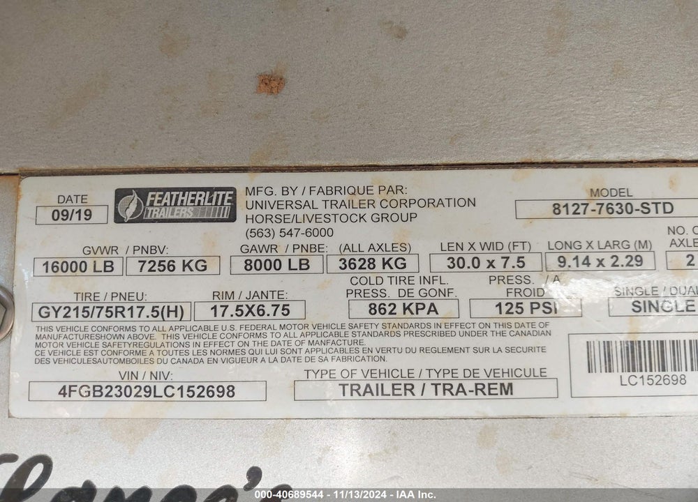2020 FEATHERLITE CWCF HORSE TRAILER VIN: 4FGB23029LC152698