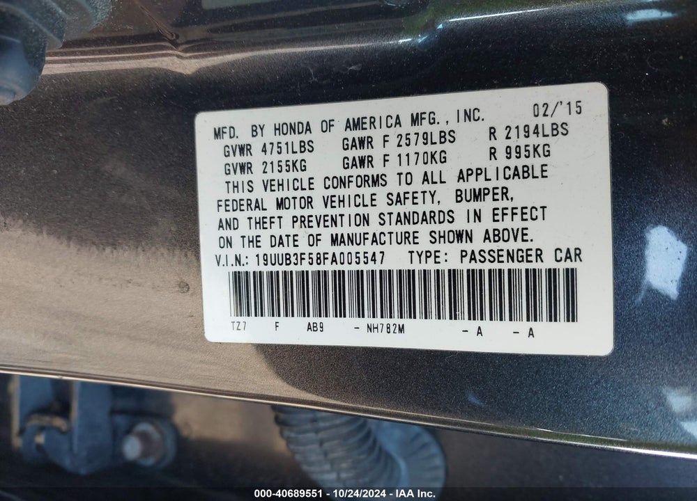 2015 ACURA TLX VIN: 19UUB3F58FA005547
