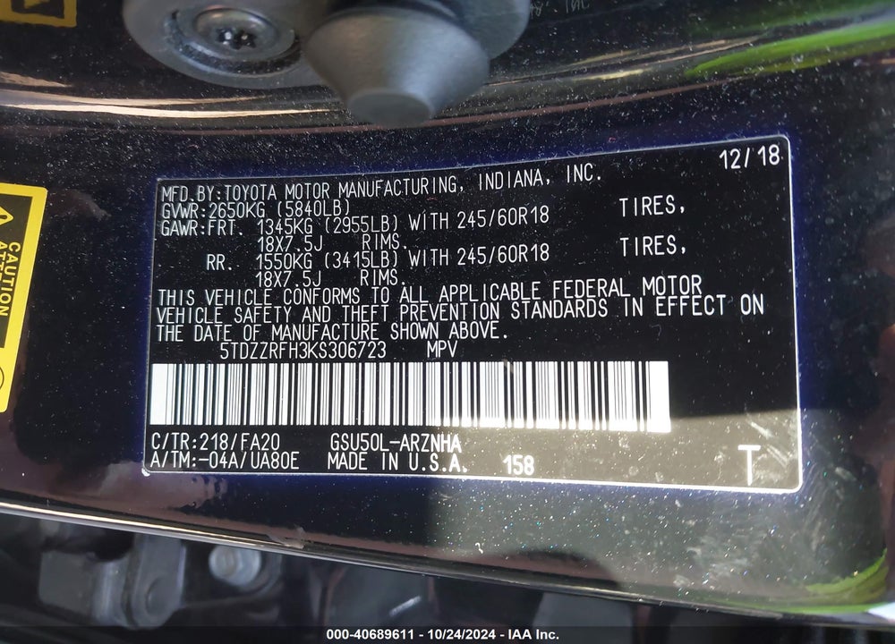 2019 TOYOTA HIGHLANDER LE PLUS VIN: 5TDZZRFH3KS306723