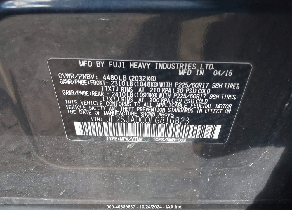 2015 SUBARU FORESTER 2.5I PREMIUM VIN: JF2SJADC0FG816823