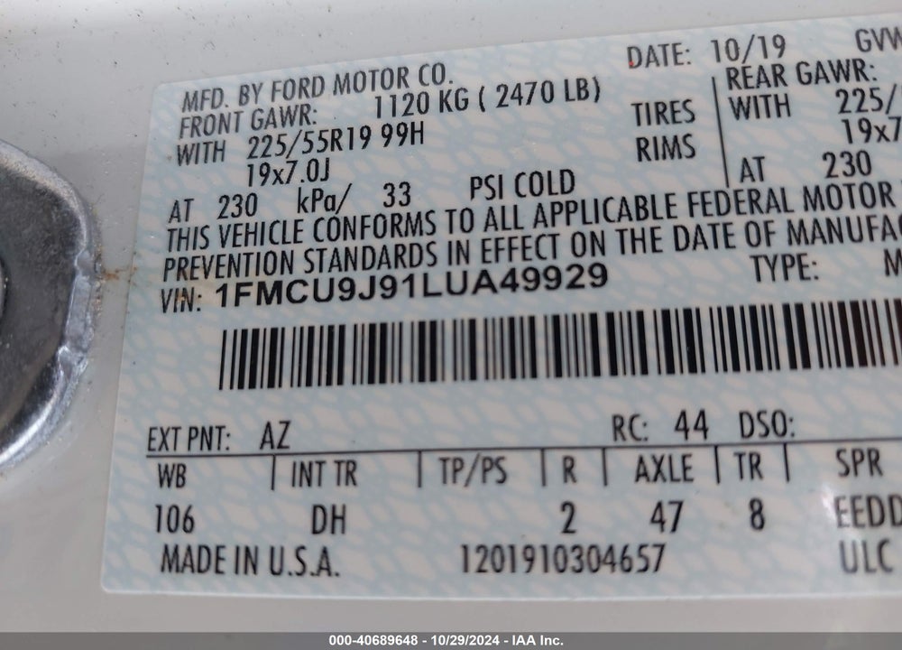 2020 FORD ESCAPE TITANIUM VIN: 1FMCU9J91LUA49929