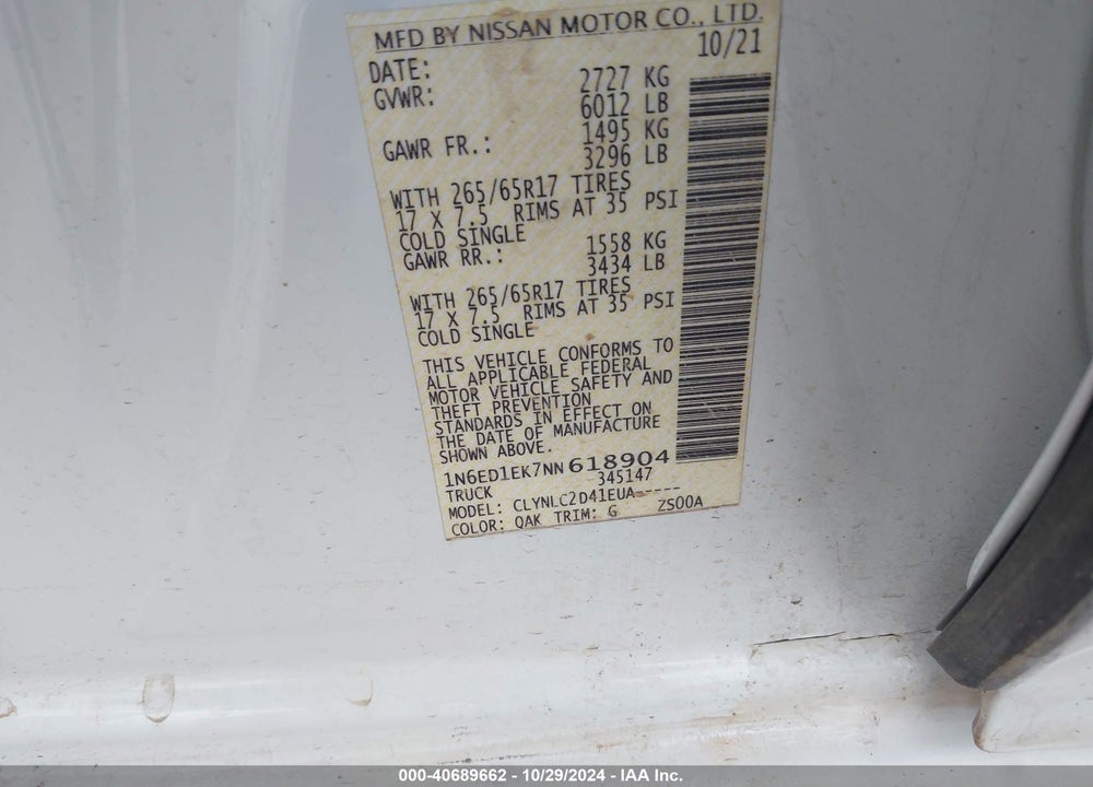 2022 NISSAN FRONTIER SV 4X4 VIN: 1N6ED1EK7NN618904