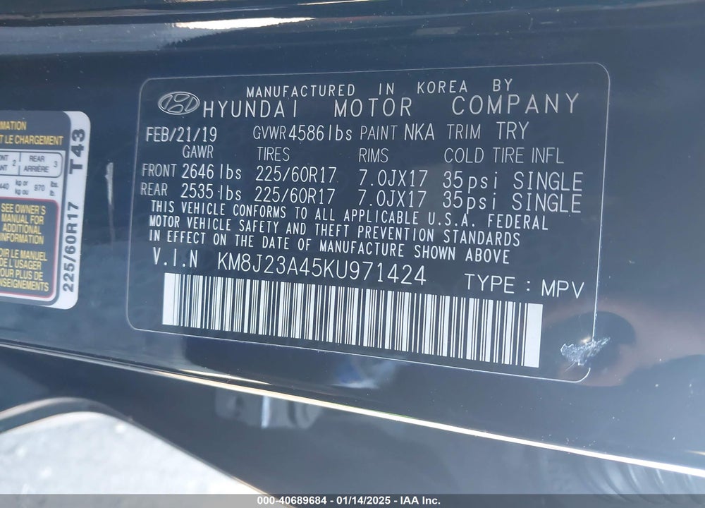 2019 HYUNDAI TUCSON SE VIN: KM8J23A45KU971424
