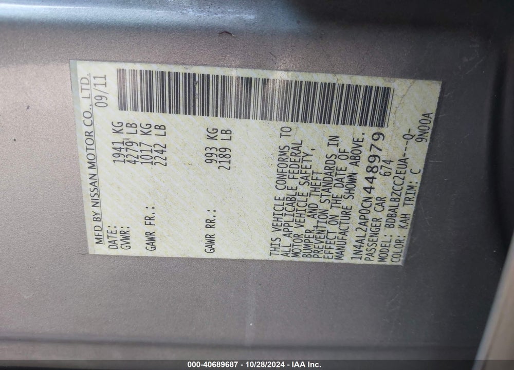 2012 NISSAN ALTIMA 2.5 S VIN: 1N4AL2AP0CN448979