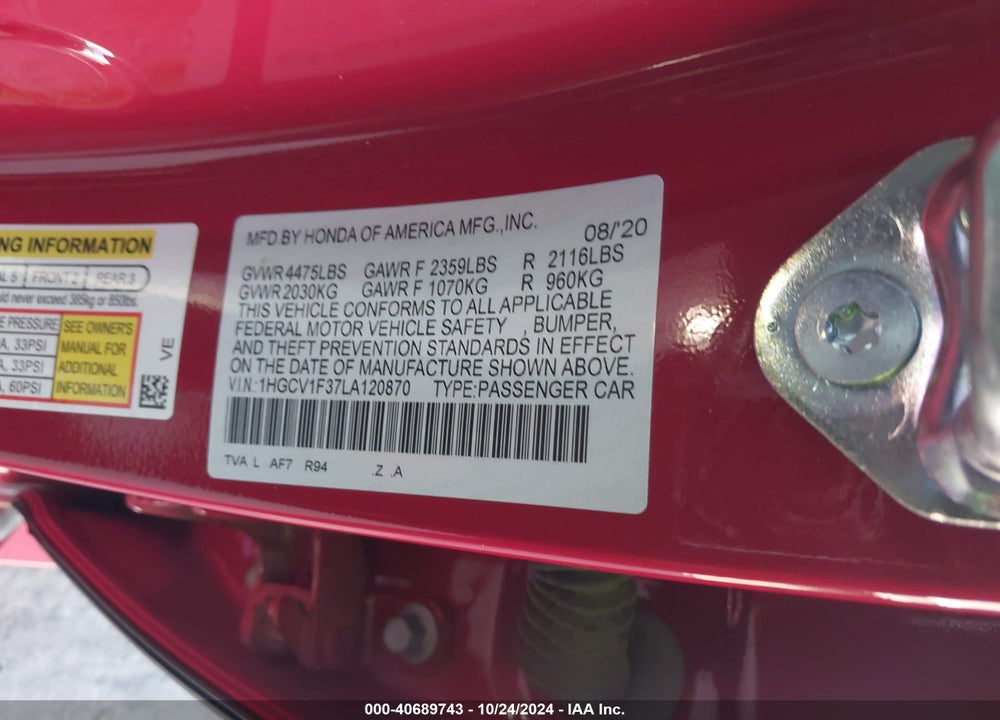 2020 HONDA ACCORD SPORT VIN: 1HGCV1F37LA120870
