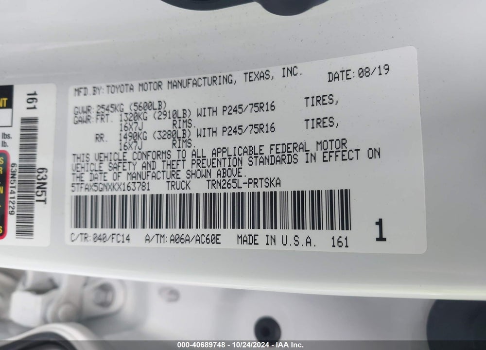 2019 TOYOTA TACOMA SR5 VIN: 5TFAX5GNXKX163781