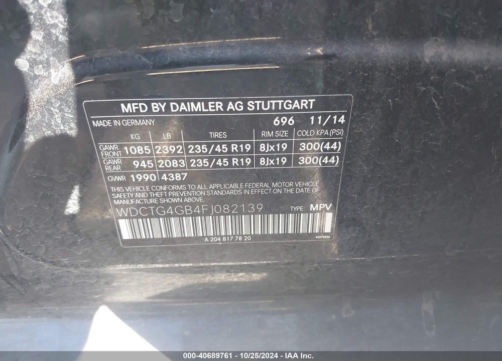 2015 MERCEDES-BENZ GLA 250 4MATIC VIN: WDCTG4GB4FJ082139