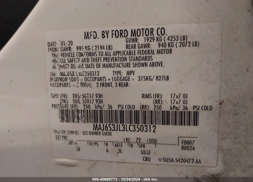 2020 FORD ECOSPORT SES VIN: MAJ6S3JL3LC350312