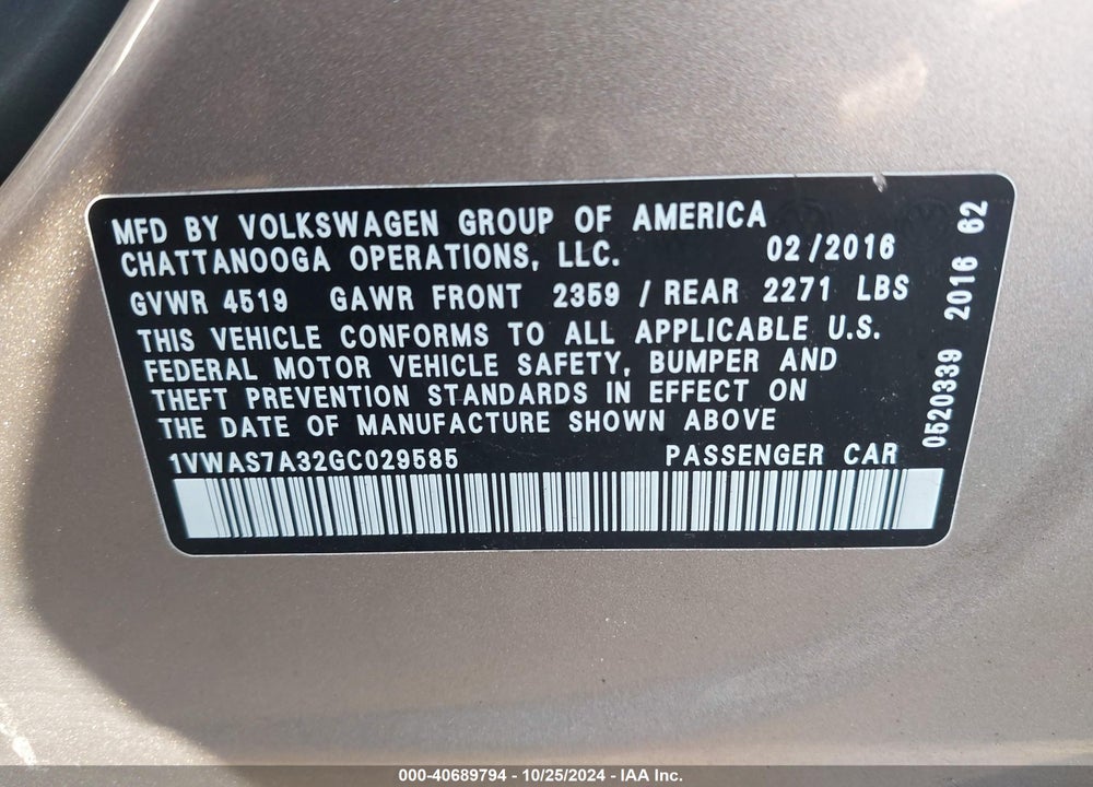 2016 VOLKSWAGEN PASSAT 1.8T S VIN: 1VWAS7A32GC029585