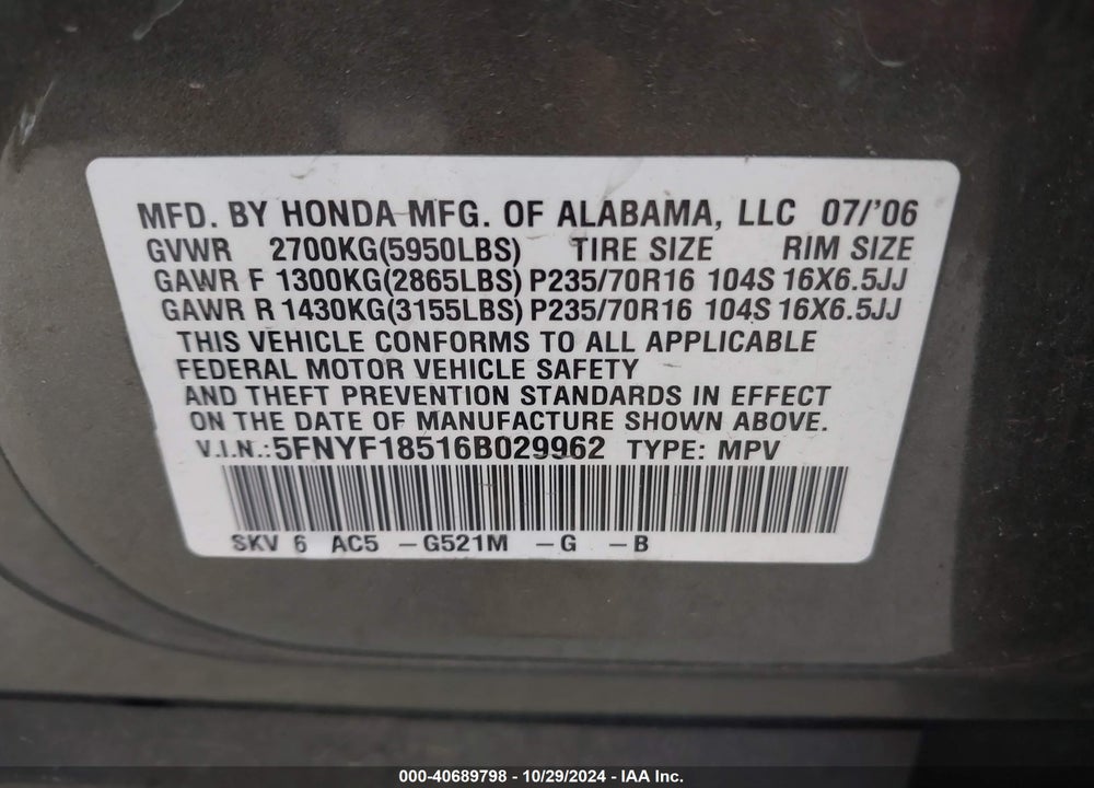 2006 HONDA PILOT EX-L VIN: 5FNYF18516B029962